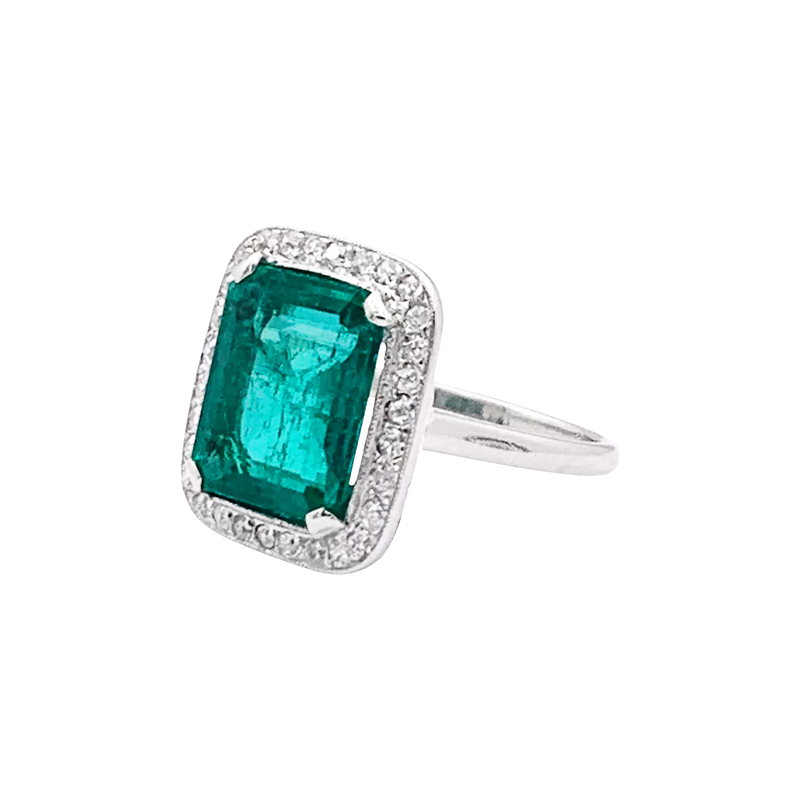 Bague ancienne, émeraude, platine et diamants. 4
