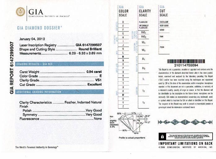 Solitaire en or blanc 750/000 centré d’un diamant taille brillant de 0,94 carat qualité E/VS1,certificat GIA N°6147299507 (2012) épaulé de noeuds sertis de diamants. Poids brut: 8,6 Grammes. 1