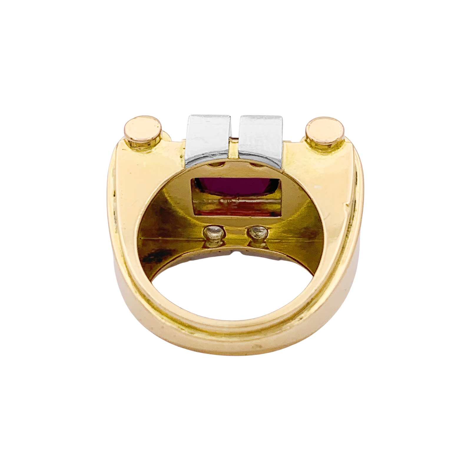 Bague "tank", deux tons d'or, grenat et diamants. 3