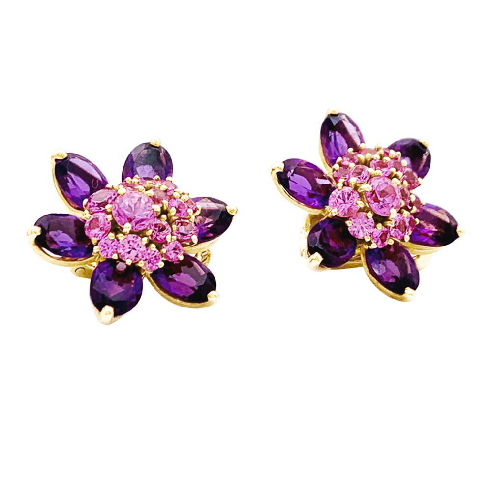 Boucles d'oreilles Van Cleef & Arpels, "Fleurs d'Hawaï", or jaune, améthyste, saphirs roses. 2