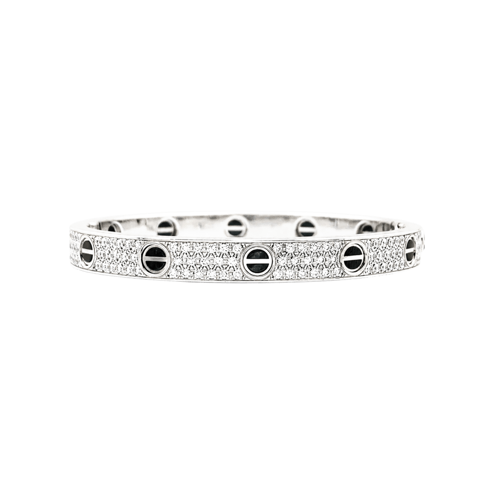 Bracelet Cartier, "Love", or blanc, diamants et céramique. 1