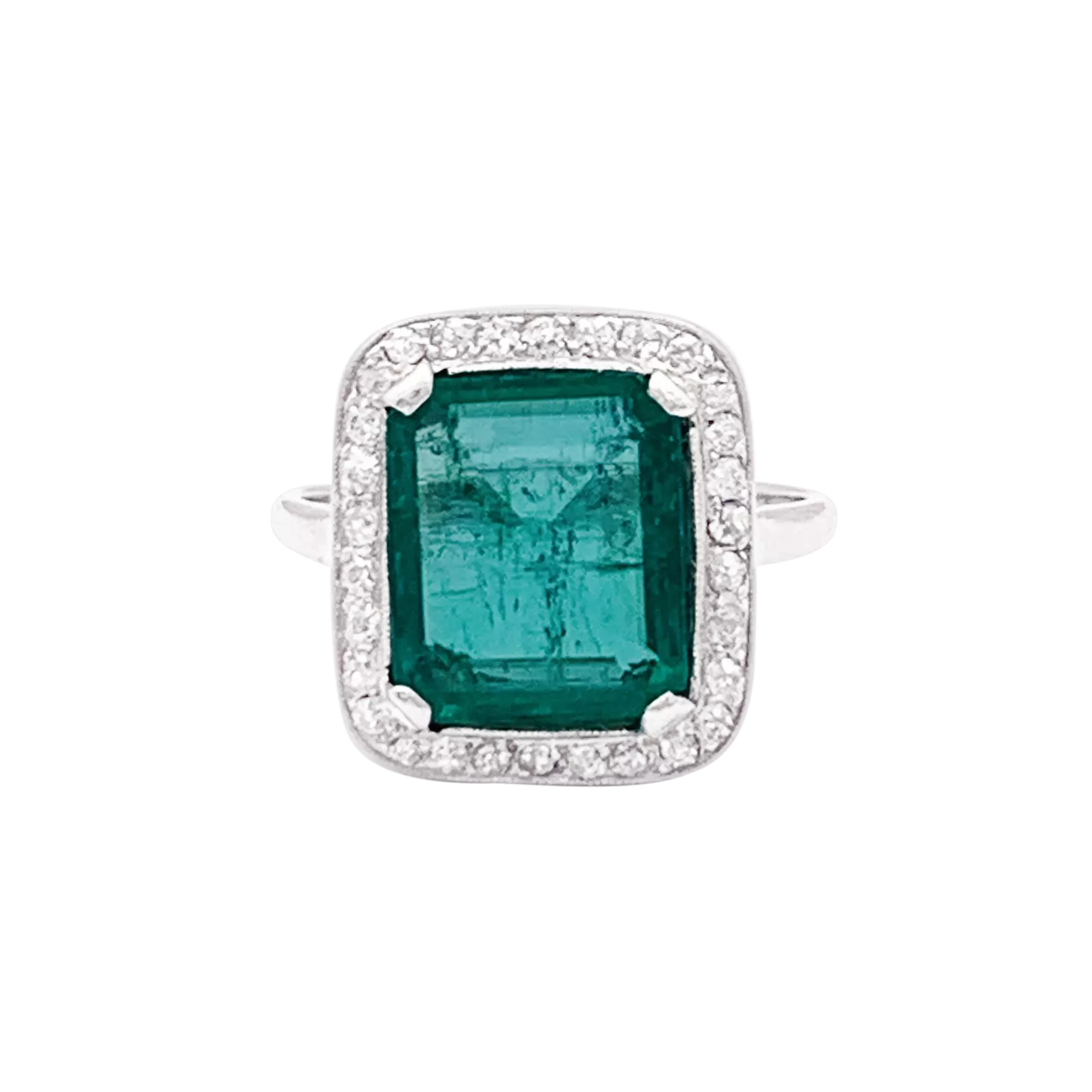 Bague ancienne, émeraude, platine et diamants. 1
