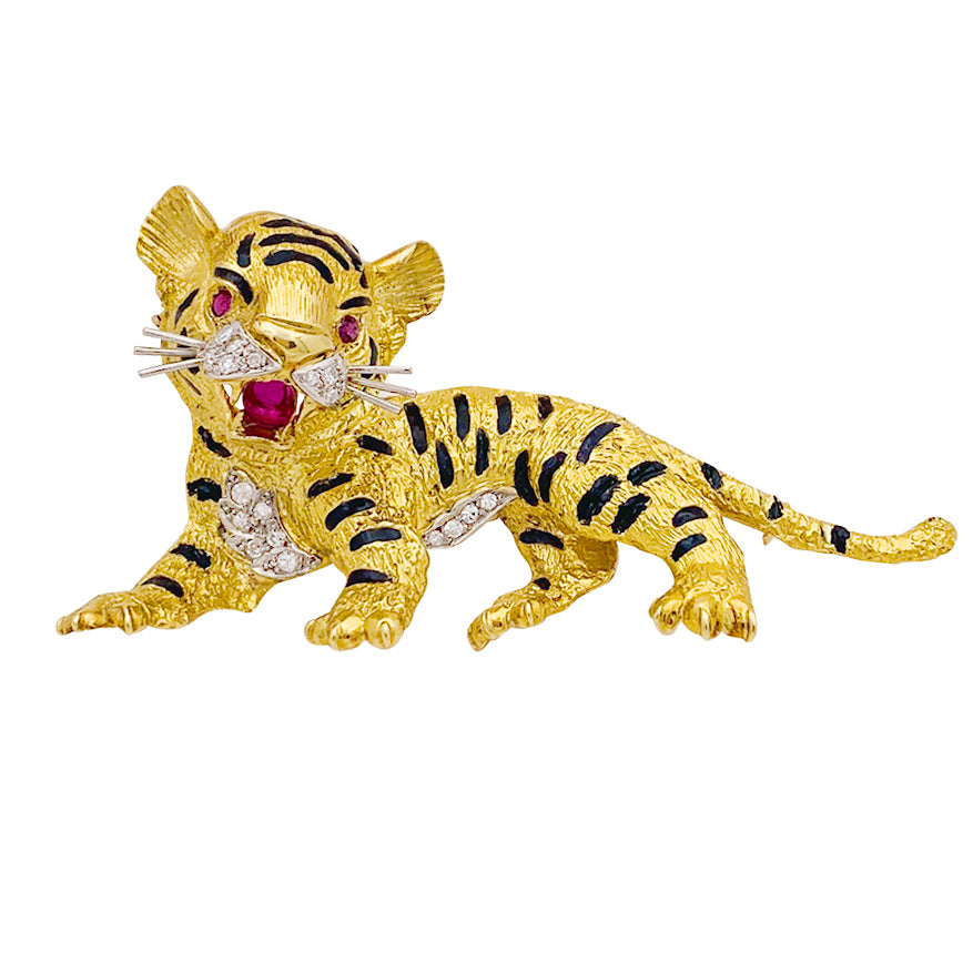 Broche Vintage Tête De Tigre Années 80 – Cristaux Et émail Doré