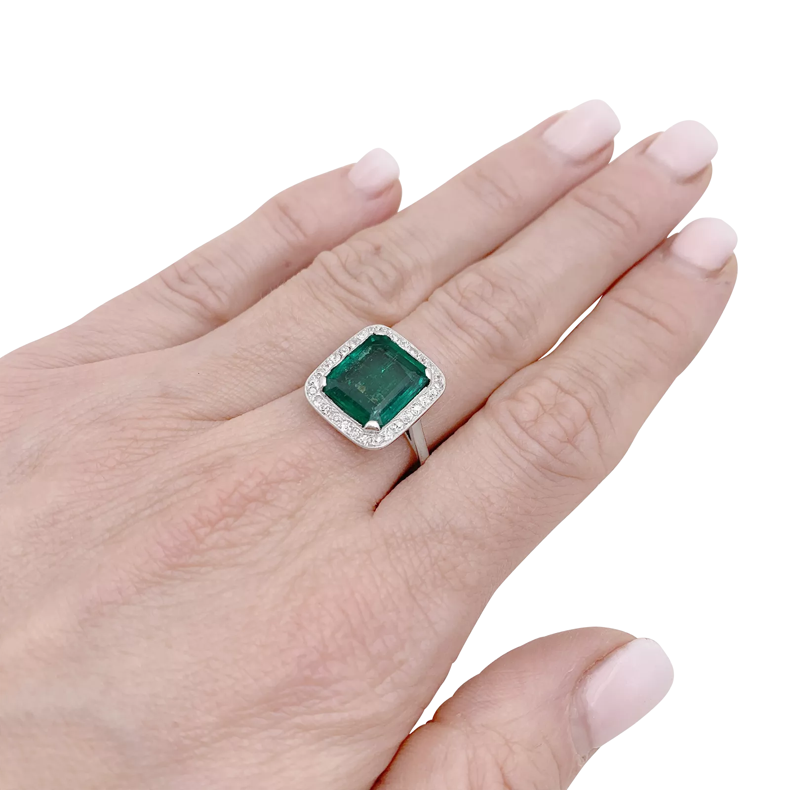 Bague ancienne, émeraude, platine et diamants. 7