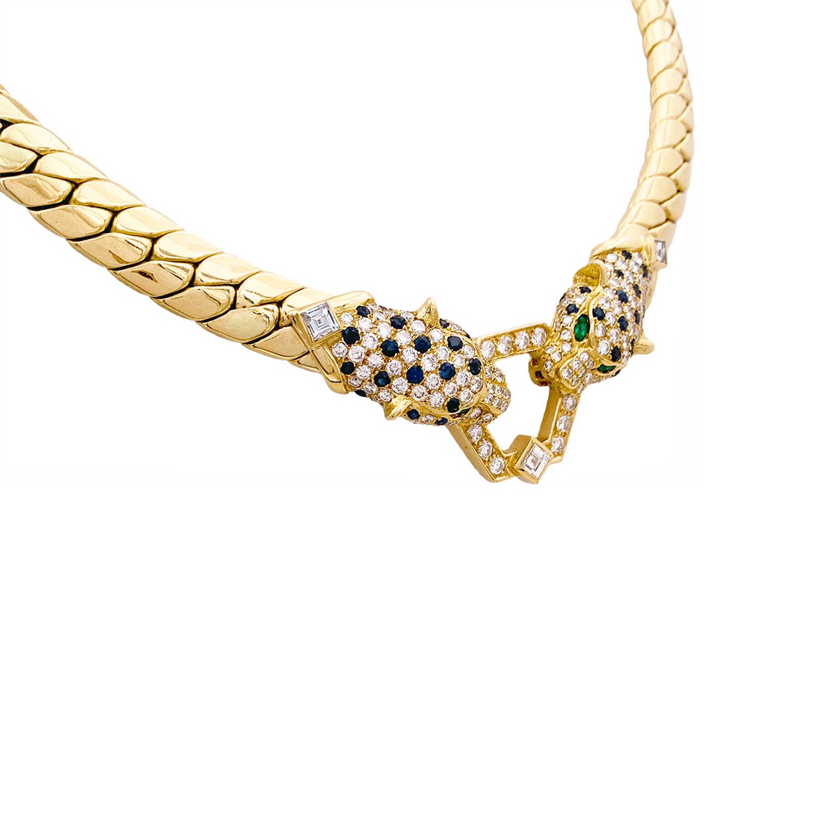Collier O.J. PERRIN, or jaune, diamants, saphirs et émeraudes. 2