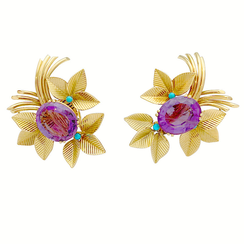 Boucles d'oreilles vintages, or jaune, améthystes, turquoises. 1