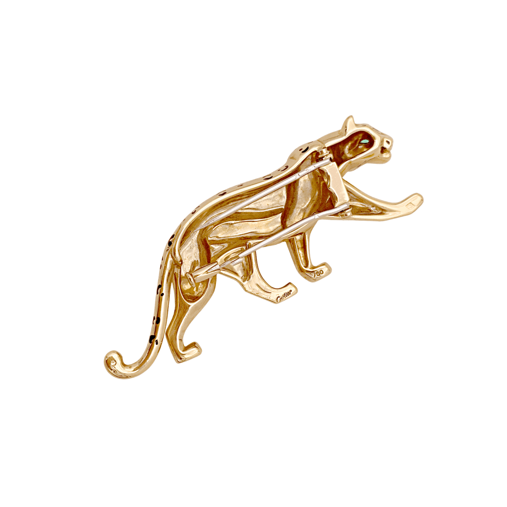 Broche Cartier, "Panthère", or jaune, émail, émeraudes. 5