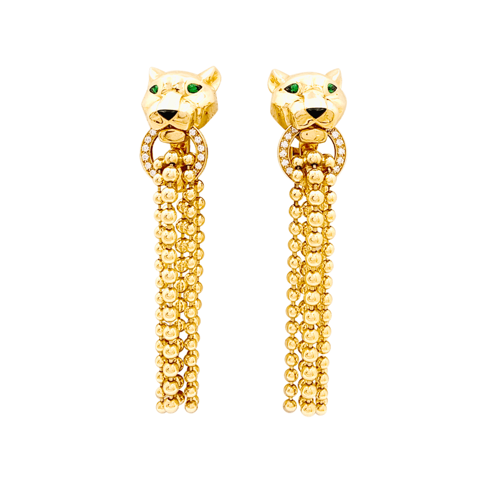 Boucles d'oreilles CARTIER, "Panthère de Cartier", or jaune, diamants, tsavorites et onyx. 1