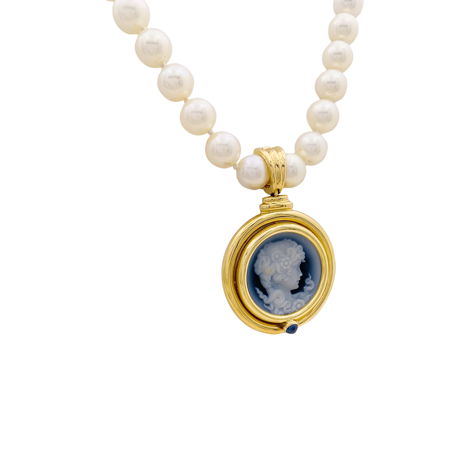 Collier or jaune, perles de culture, camée onyx. 2