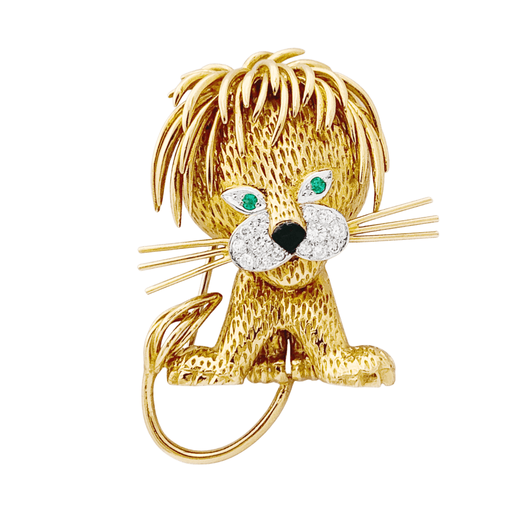 Clip Van Cleef & Arpels, "Lion Ebouriffé", or jaune, émeraude, diamants. 1