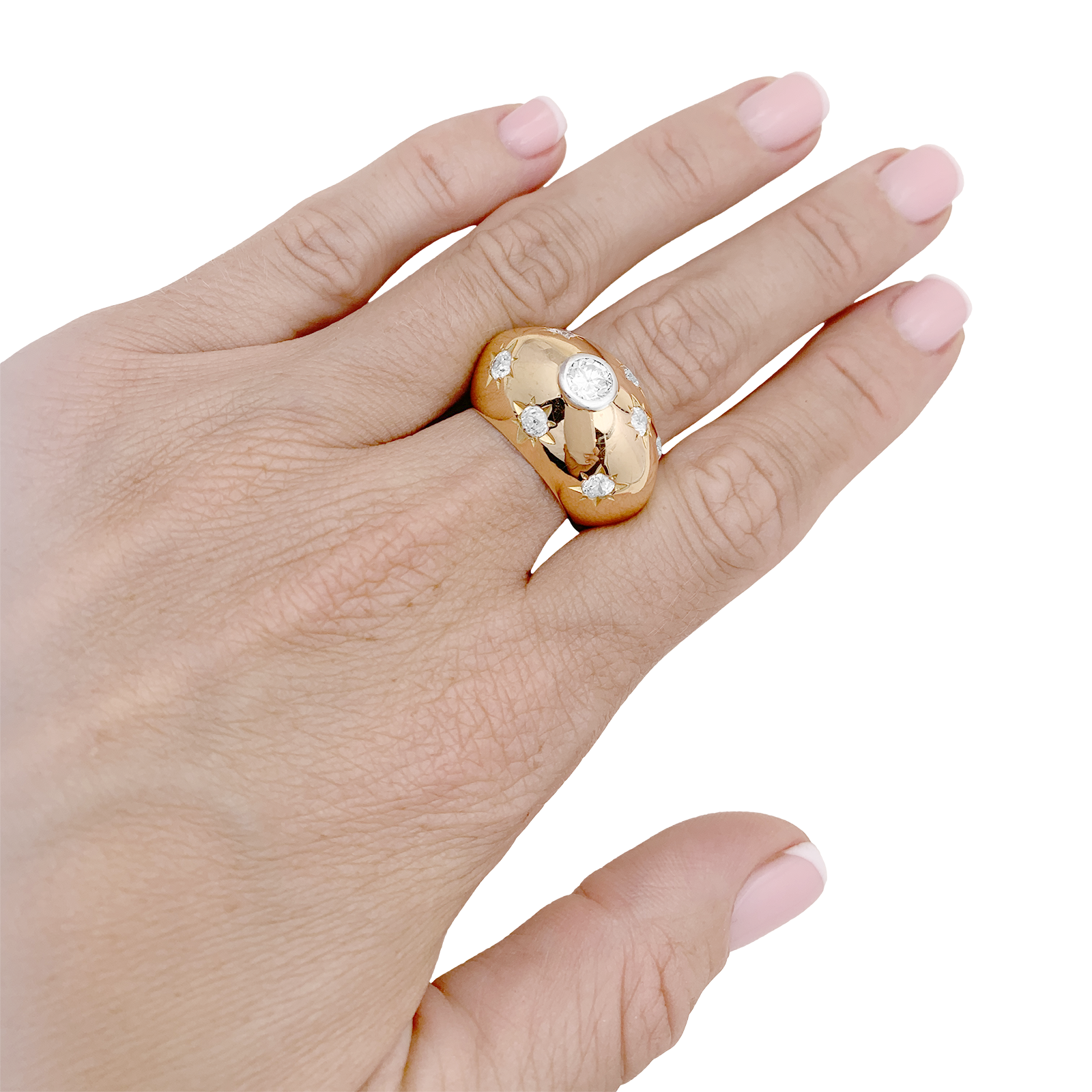Bague bombée or rose et diamants. 5