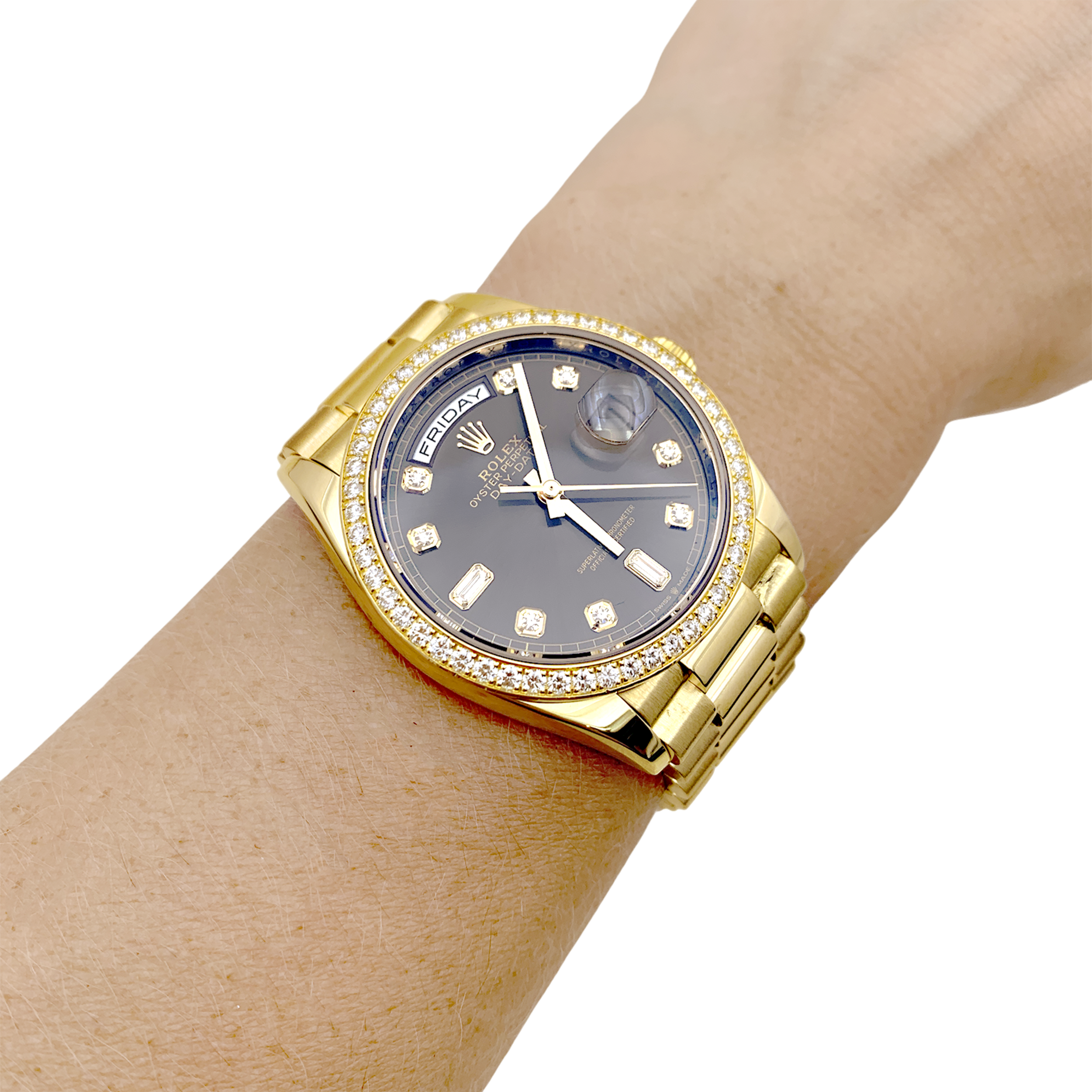 Montre Rolex, "Oyster Perpetual Day-Date", or jaune, diamants. 6