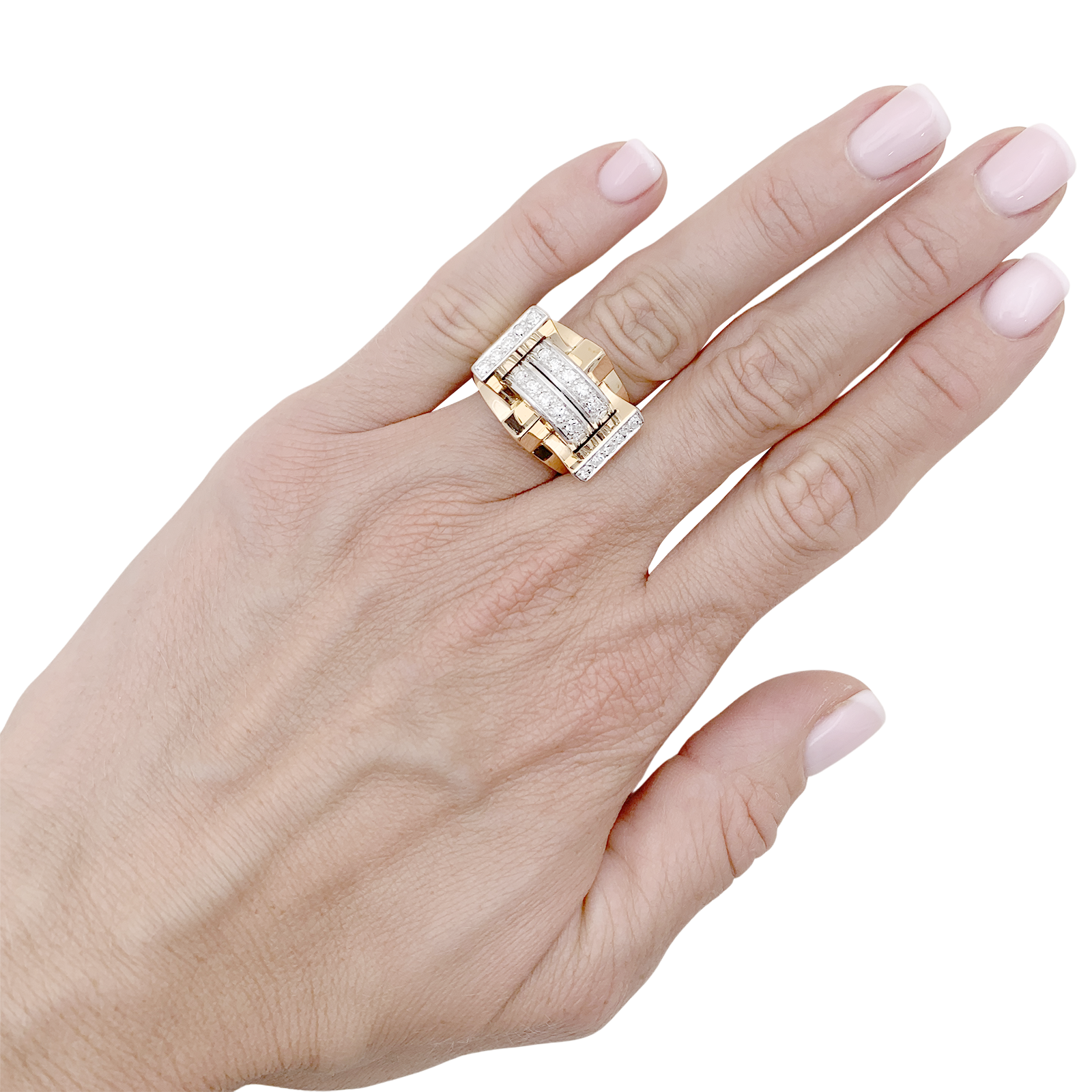Bague « Tank » or jaune, platine, diamants taille 8/8. 5