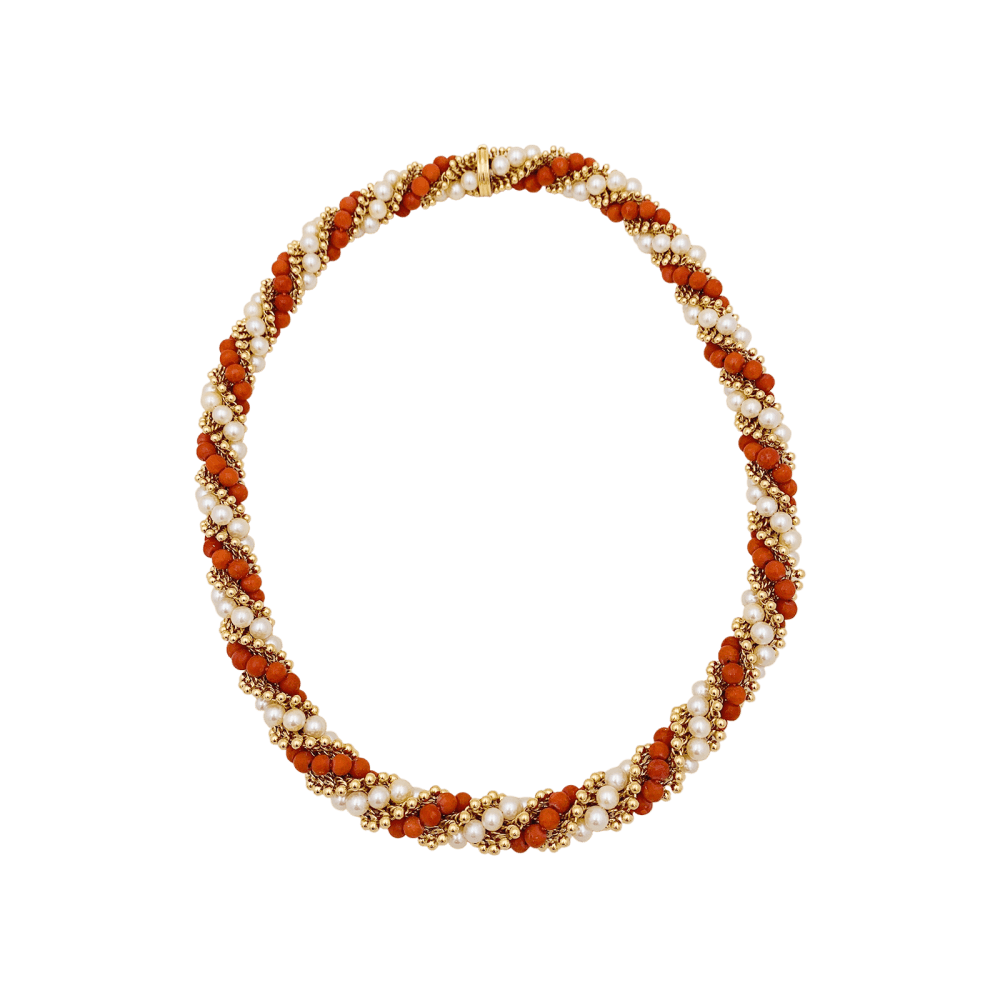 Collier-Sautoir Van Cleef & Arpels, "Twist", or jaune, corail, perles. 2
