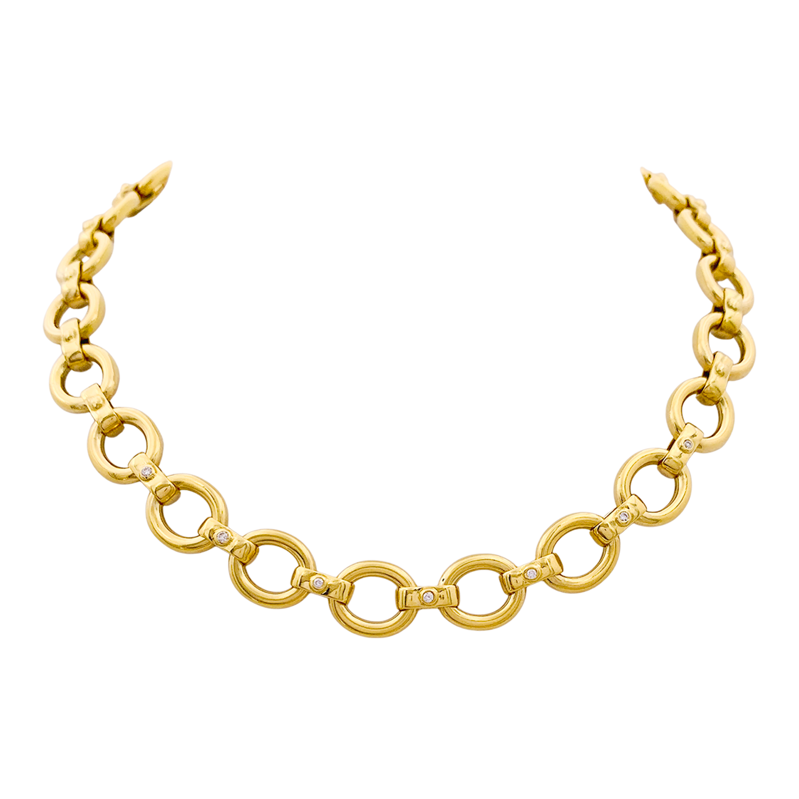 Collier en or jaune, maillons ovales et diamants. 2