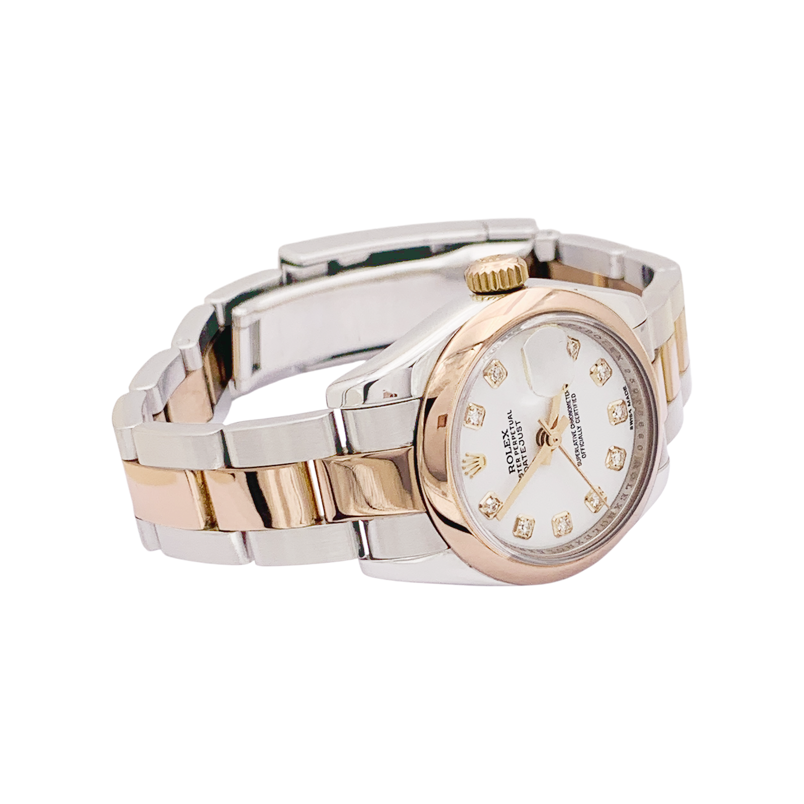 Montre Rolex, "Oyster Perpetual Datejust", or rose, acier, diamants. 2