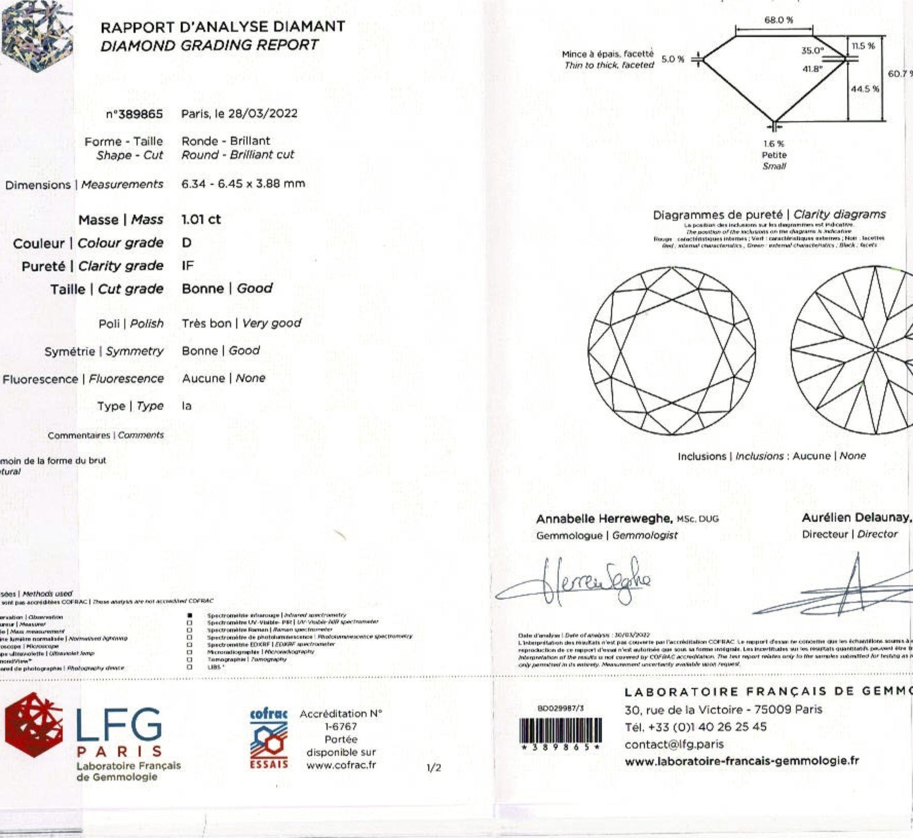 Une bague en or jaune godronnée 750/000 sertie d’un diamant taille brillant de 1,01 carat, couleur D, pureté IF. LFG 389865 de 2022. Poids brut:5,8 grammes 8