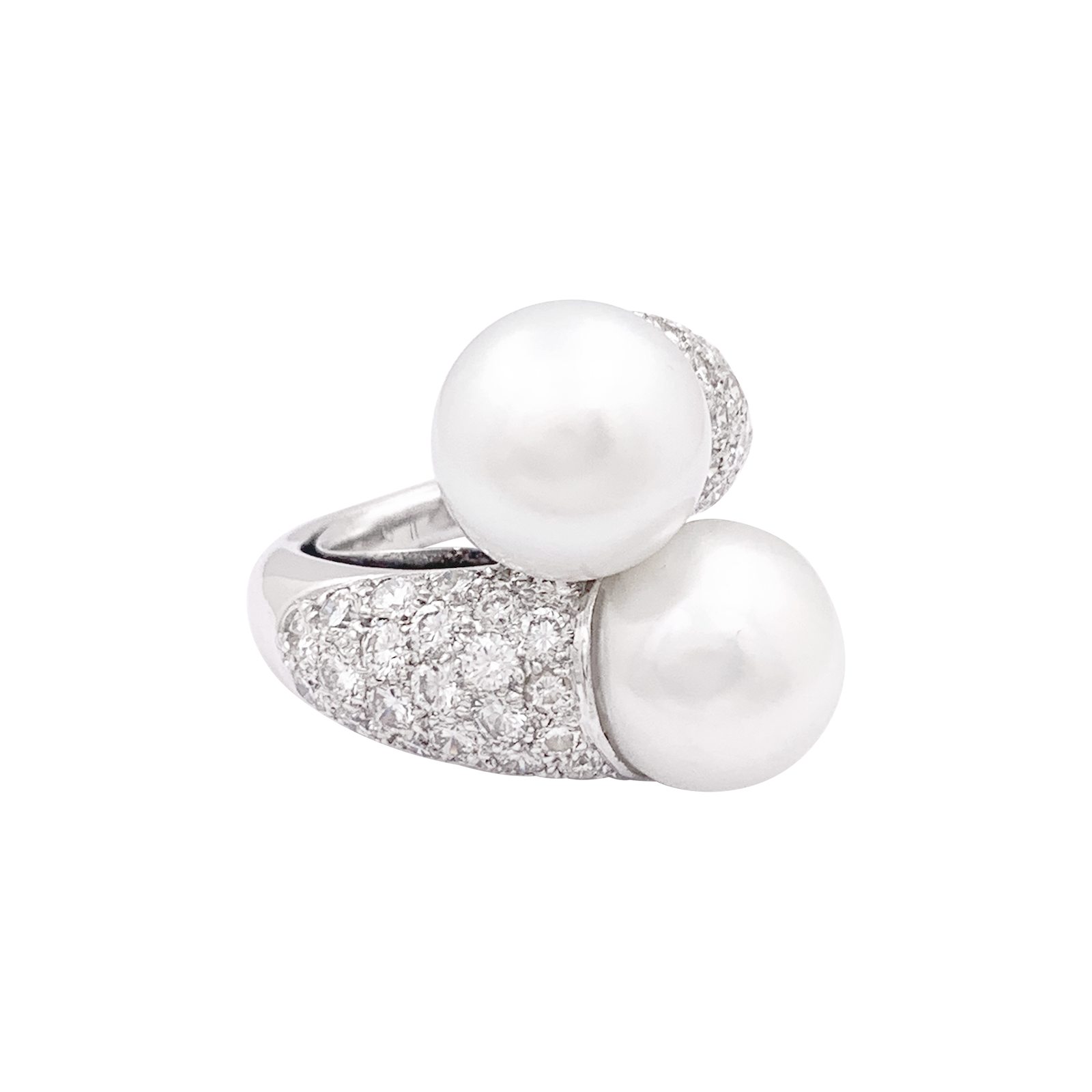 Bague "Toi & Moi" or blanc, diamants, perles. 2