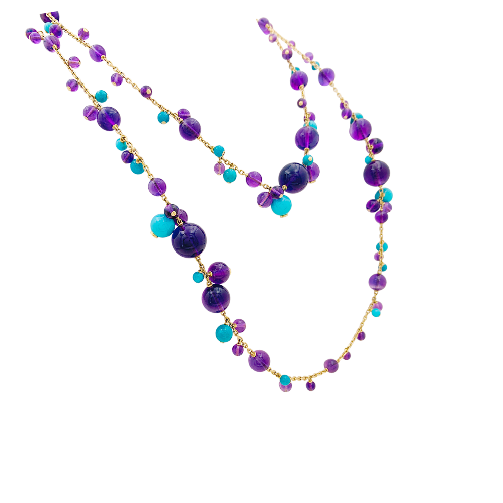 Sautoir Cartier, "Délices de Goa", or rose, améthystes, turquoises et diamants. 2