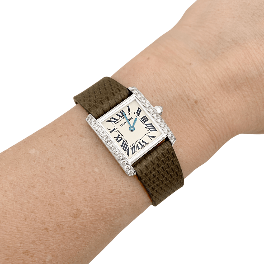 Montre Cartier, "Tank Française", or blanc, diamants. 6
