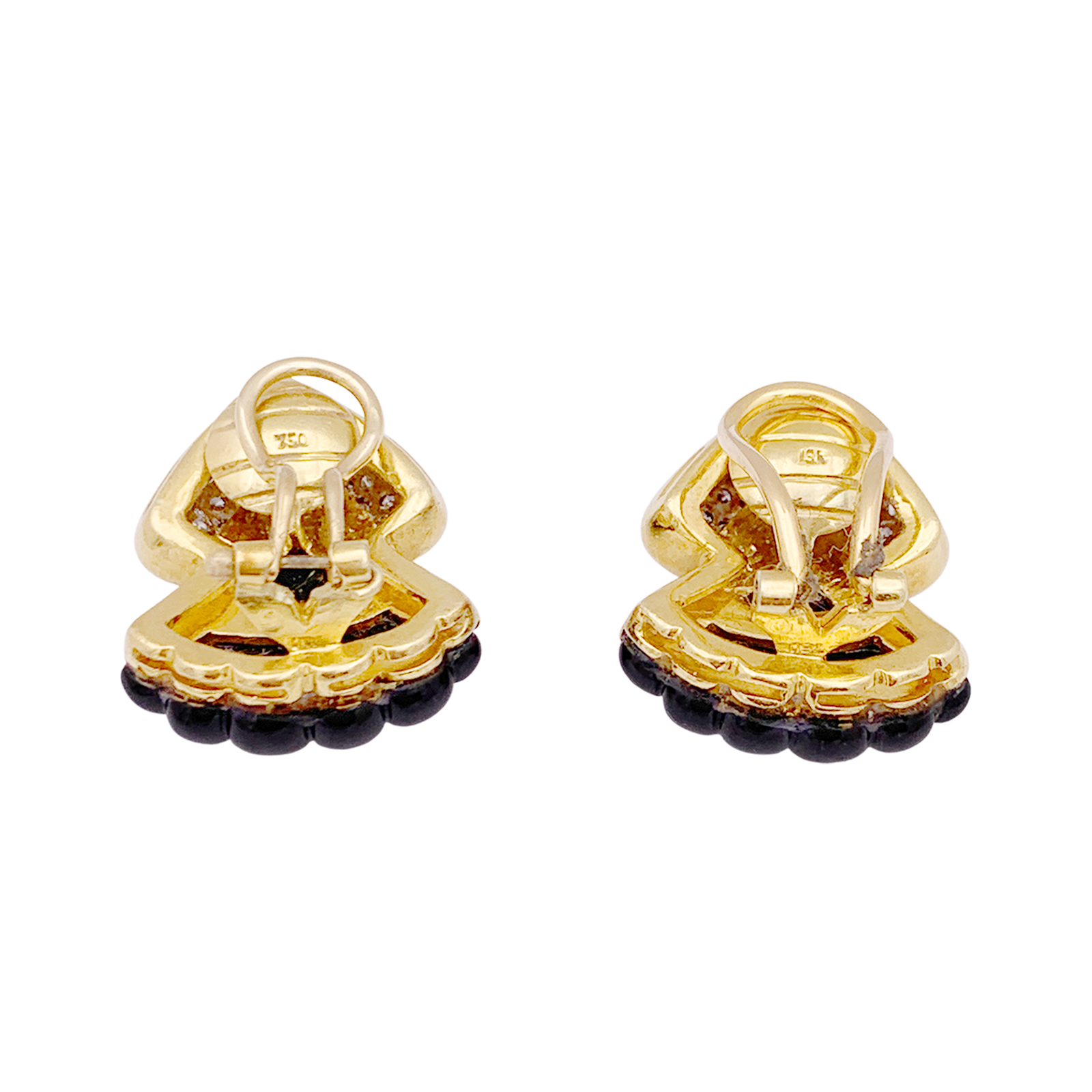 Clips d'oreilles vintage, or jaune, onyx, diamants. 4