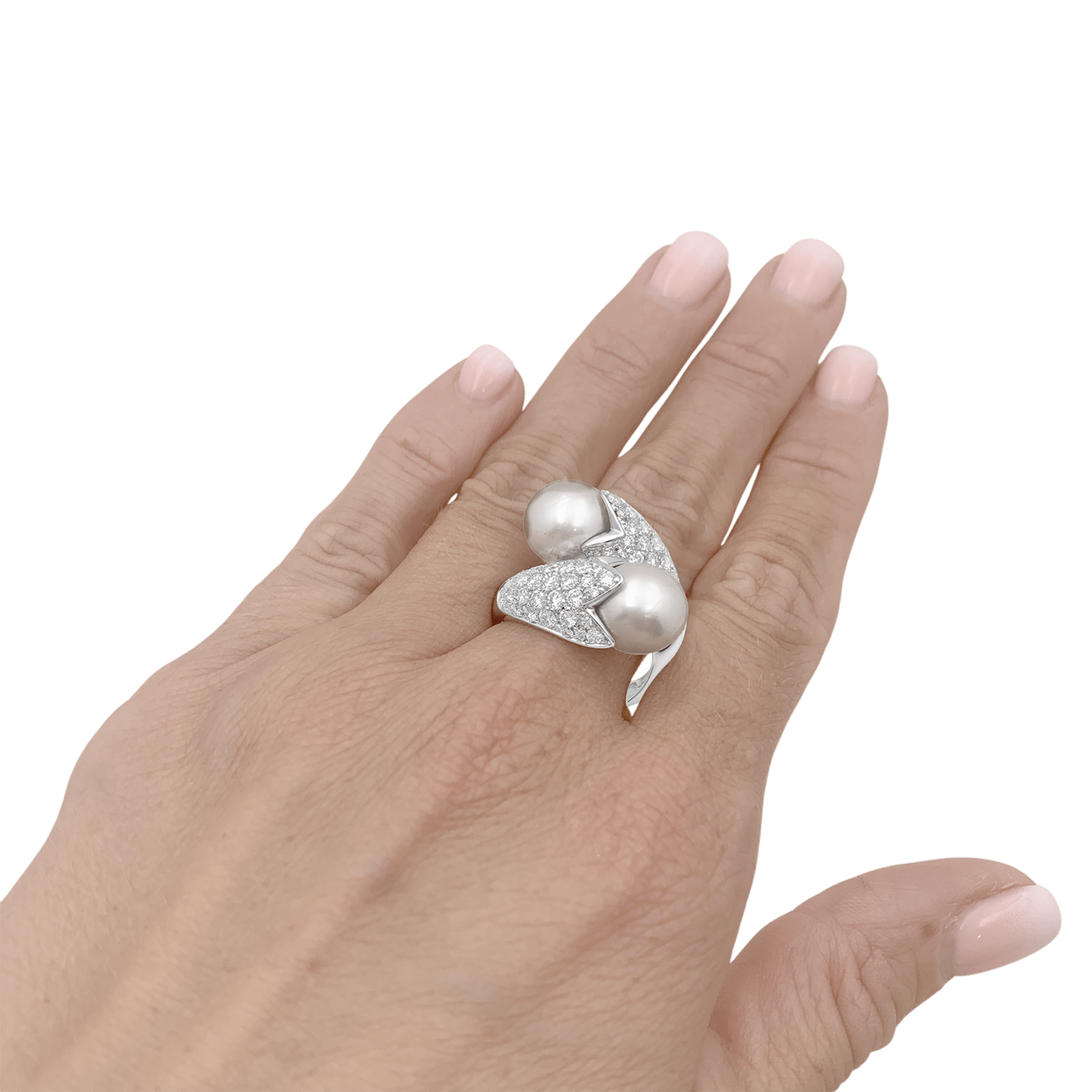 Bague « Toi & Moi », or blanc, perles, diamants. 5
