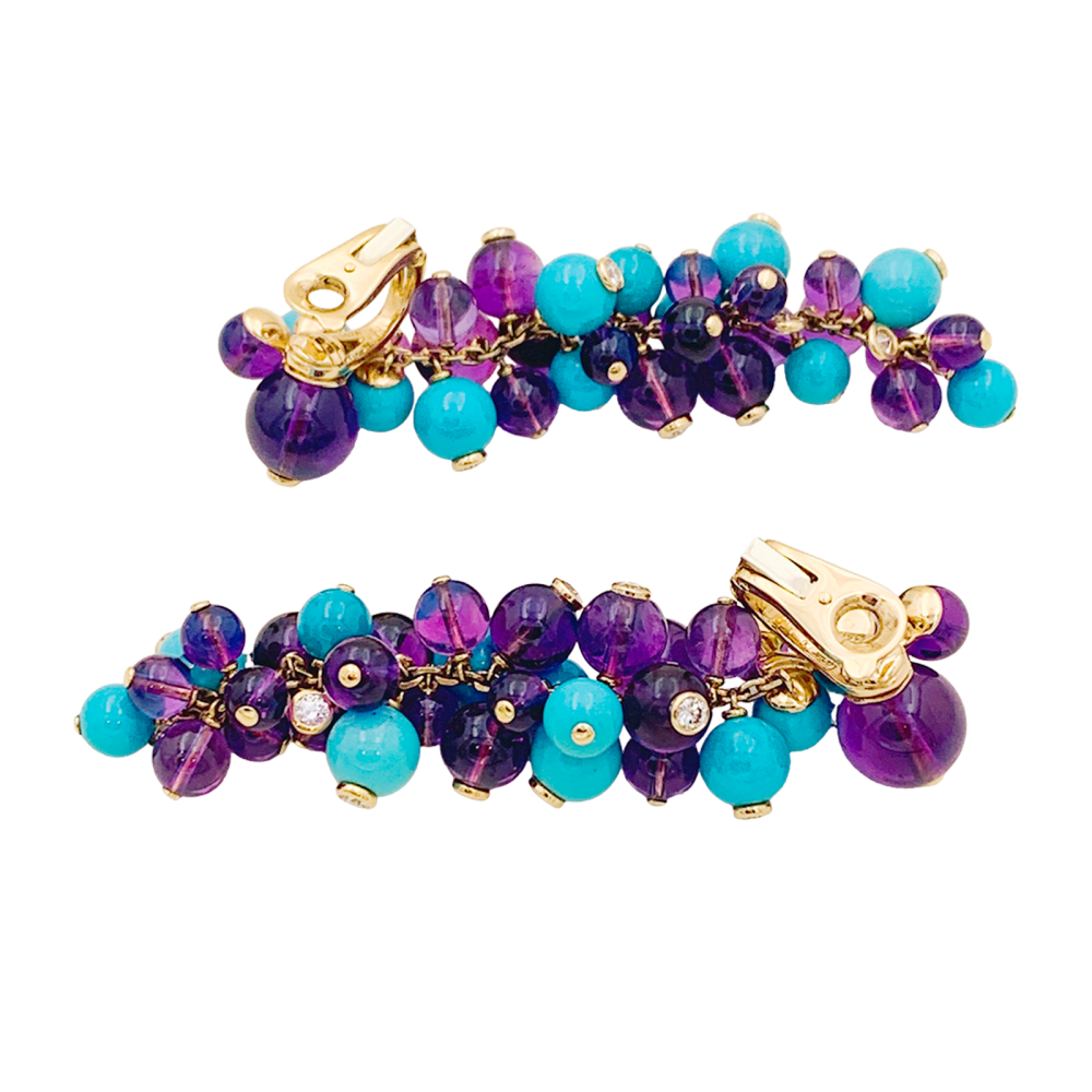 Boucles d'oreilles Cartier, "Délices de Goa", or rose, améthystes, turquoises et diamants. 5