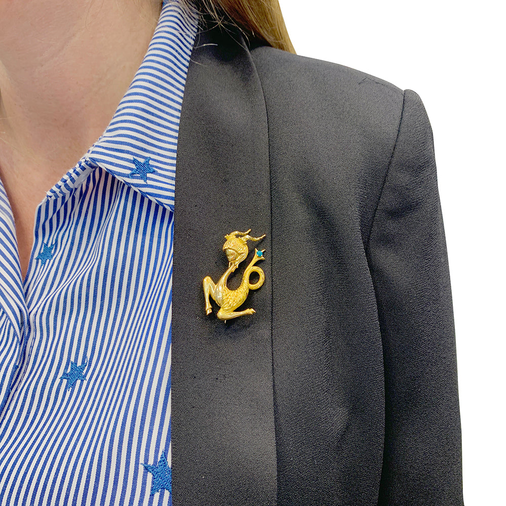 Broche vintage "Capricorne", or jaune, turquoise. 6