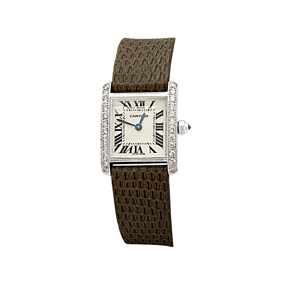 Montre Cartier, "Tank Française", or blanc, diamants. 1