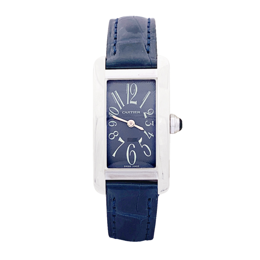 Reloj Cartier "American Tank", oro blanco, correa de piel.