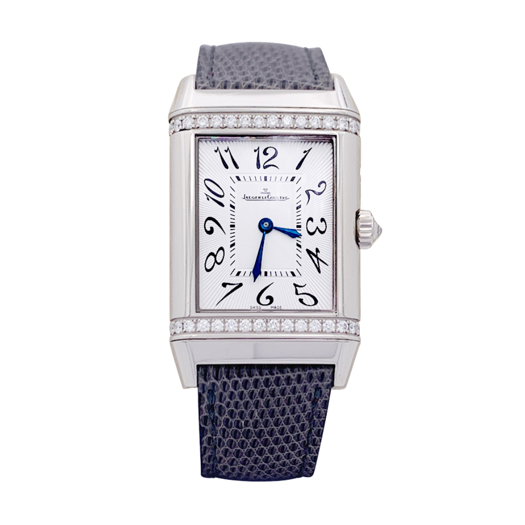 Montre Jaeger-LeCoultre, "Reverso Duetto", en or blanc et diamants.