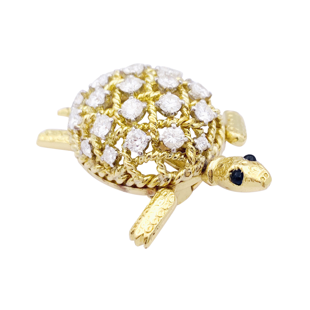 Broche Vintage Tortue Or - Lot De 2 (Grande Et Petite) Aux Yeux Verts