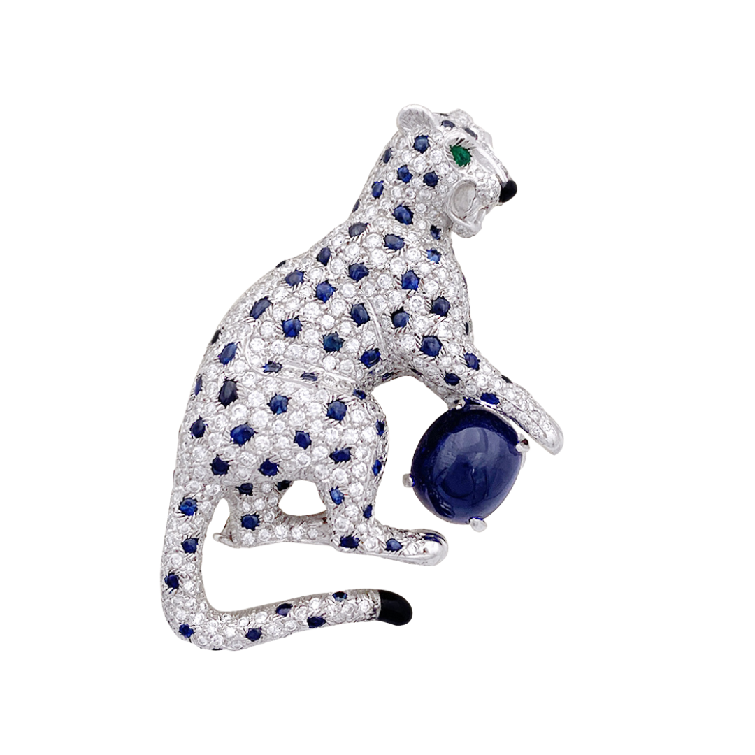 Cartier "Nefertari Panther" brooch in platinum, diamonds, colored stones, enamel.