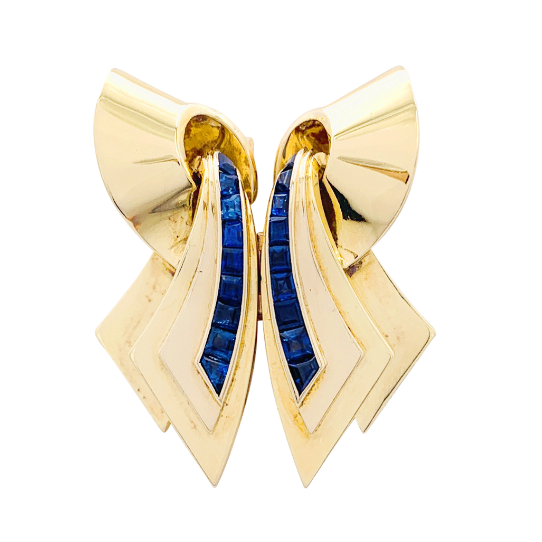 Broche vintage “Cinta” con doble clip de oro rosa y piedras azules.