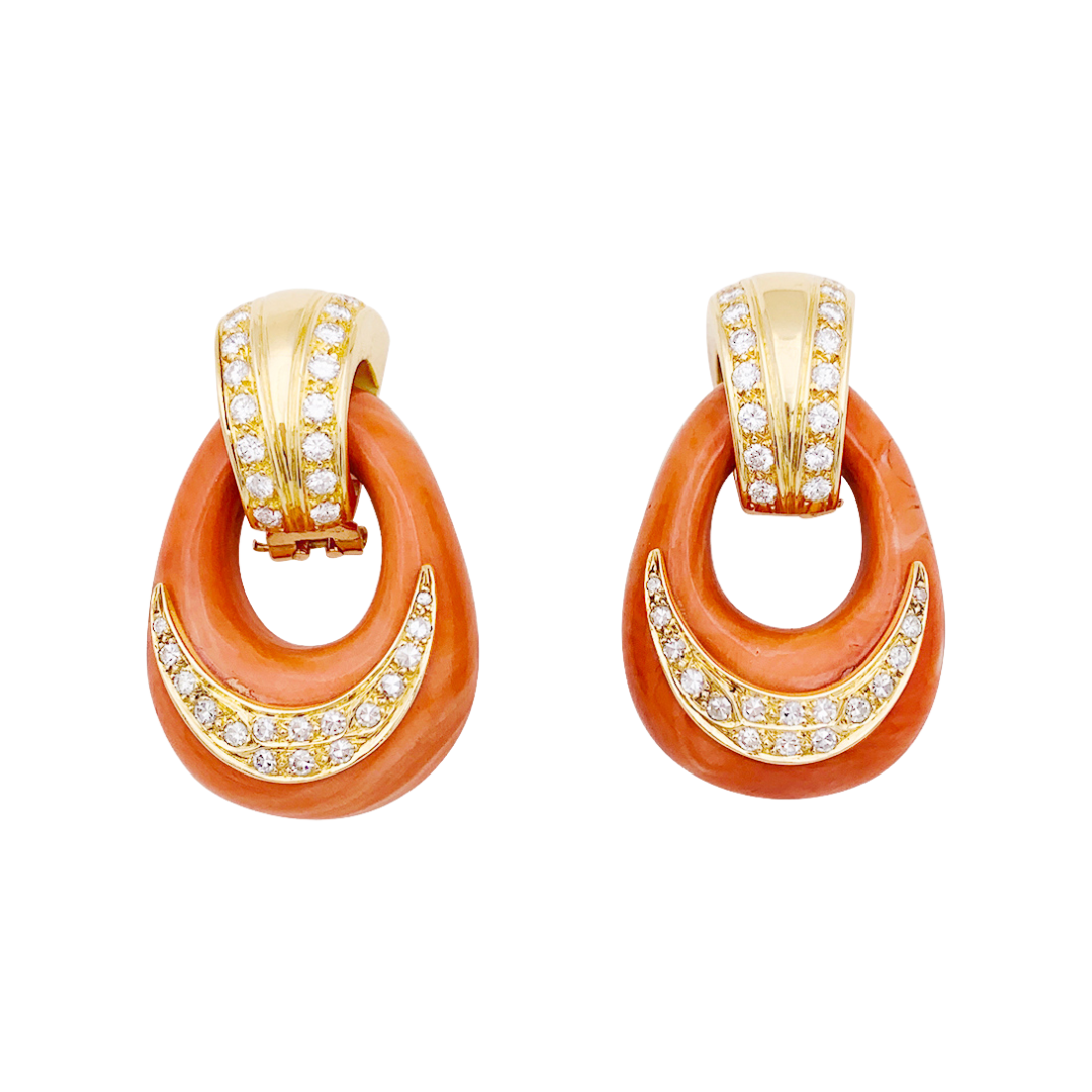 Vintage yellow gold, diamond, and coral earrings.