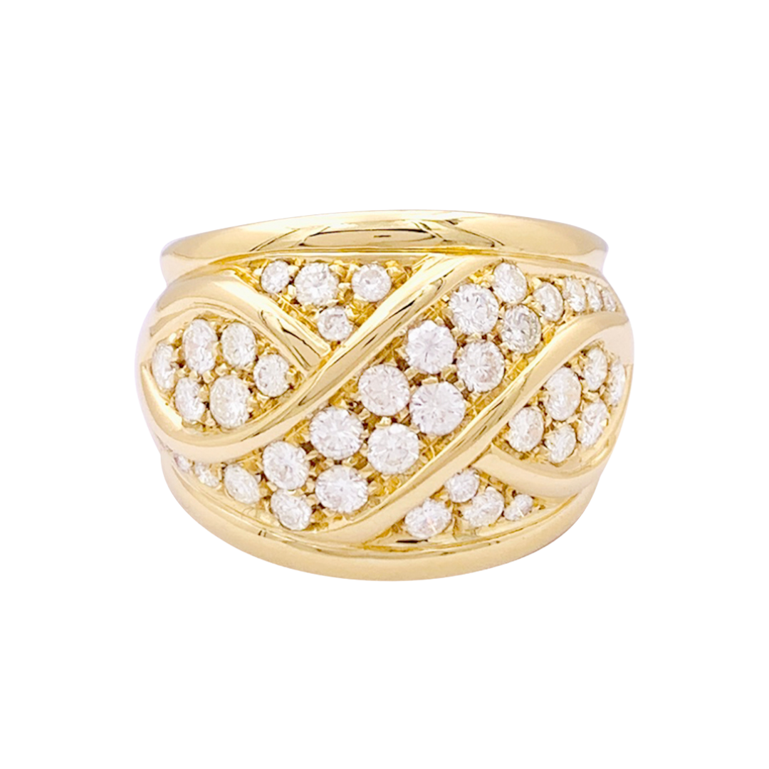 Yellow gold pave ring with diamonds.