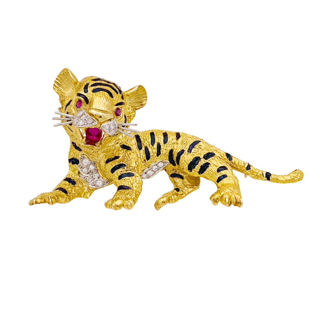 Broche Sanz, "Tigre", or jaune, diamants, rubis, émail.