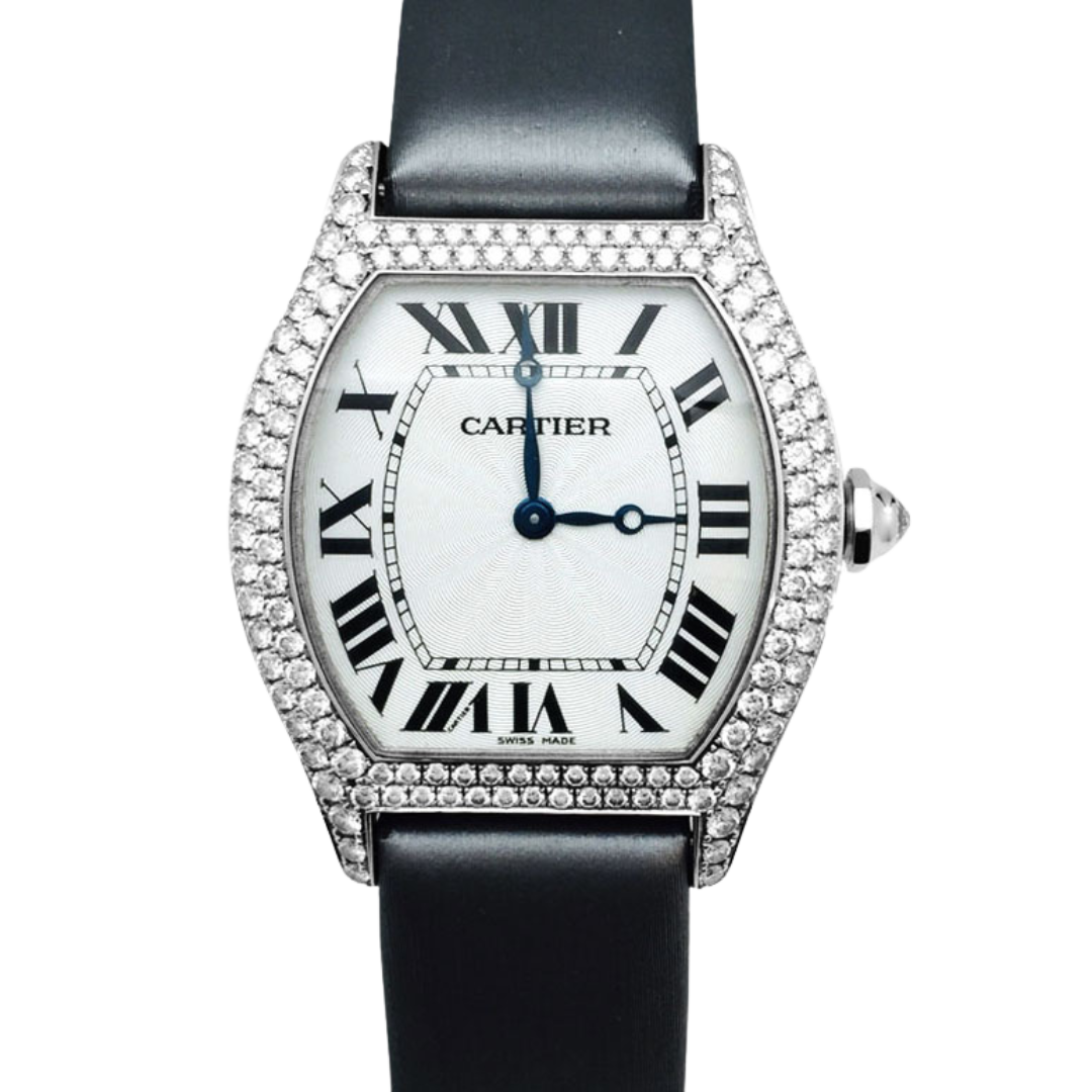 Cartier Tortue model watch in white gold and diamonds on satin