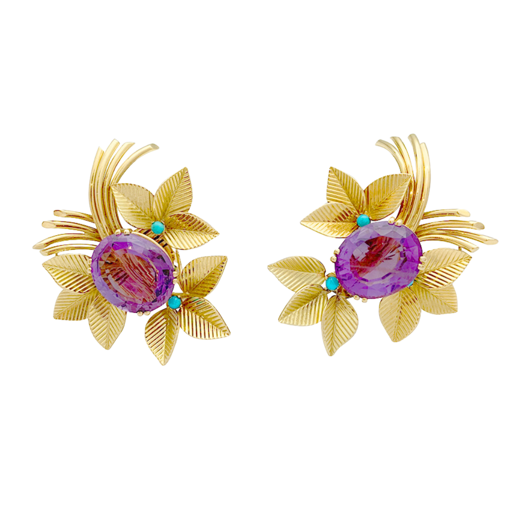 Boucles d'oreilles vintages, or jaune, améthystes, turquoises.