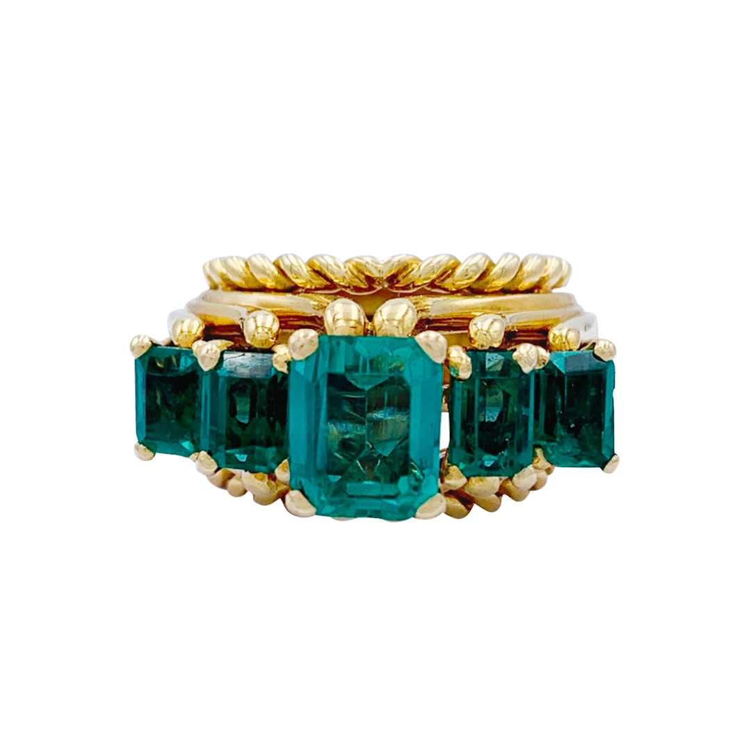 Bague vintage or jaune, émeraudes.