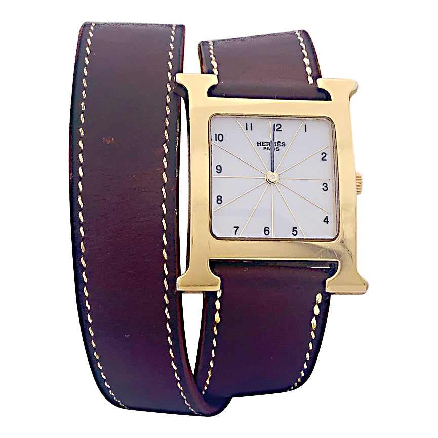 Montre Hermès,"Heure H", plaqué or, acier sur cuir. 4
