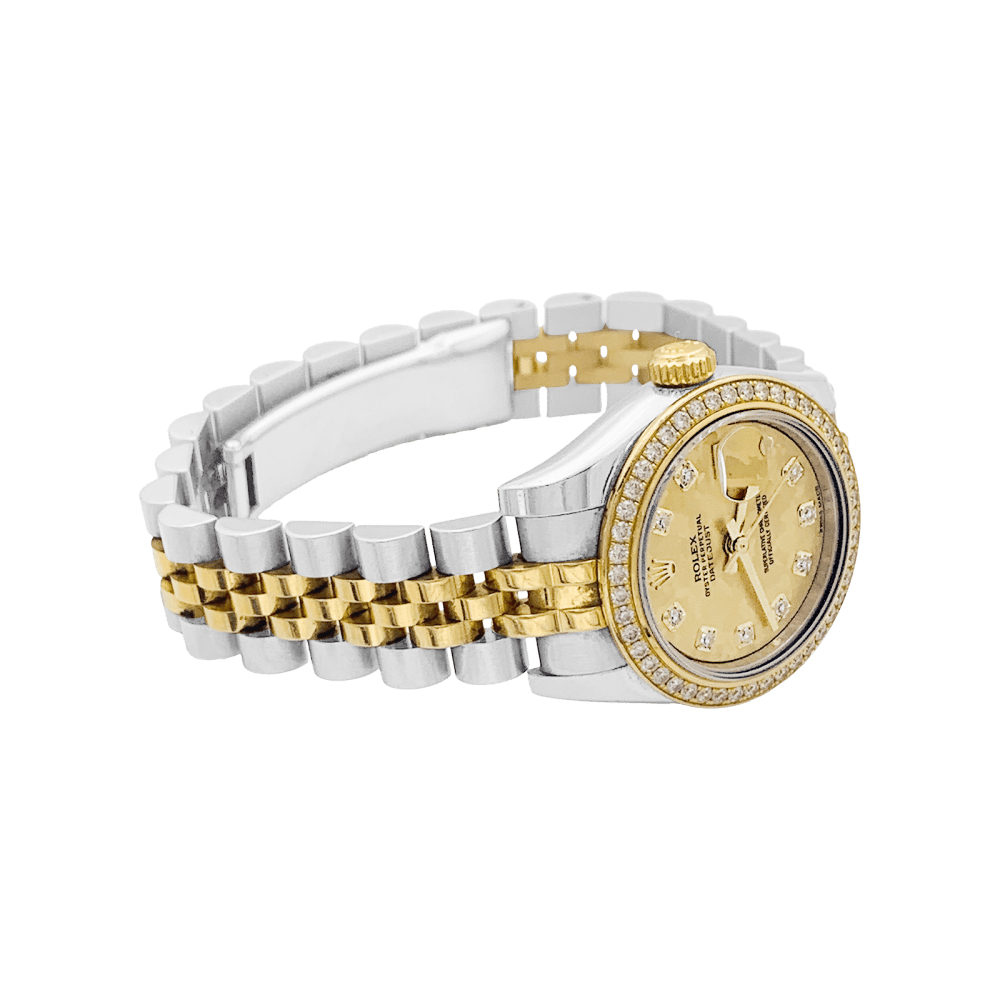 Montre Rolex, "Oyster Perpetual Lady-Datejust", or jaune, acier, diamants. 3