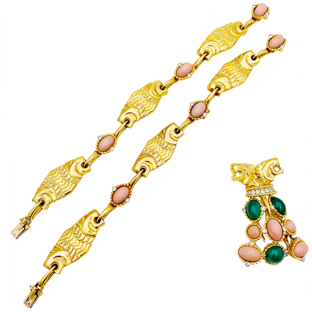 Demi-parure "Lions" transformable, or jaune, diamants, corail, chrysoprase. 2