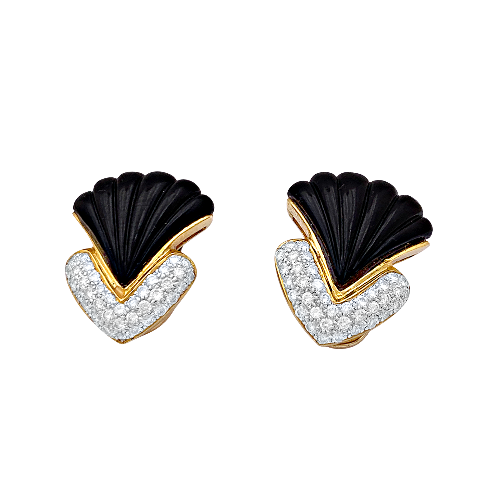 Clips d'oreilles vintage, or jaune, onyx, diamants. 3