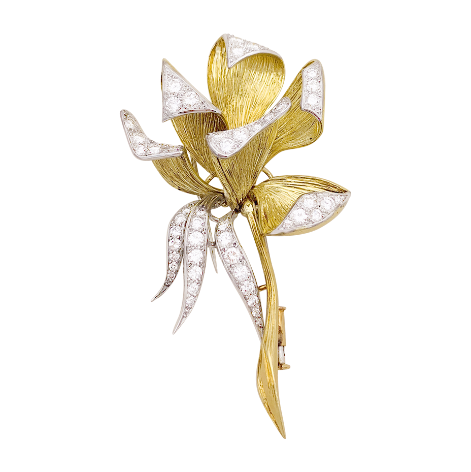 Broche vintage, "Iris", or jaune, platine, diamants. 1