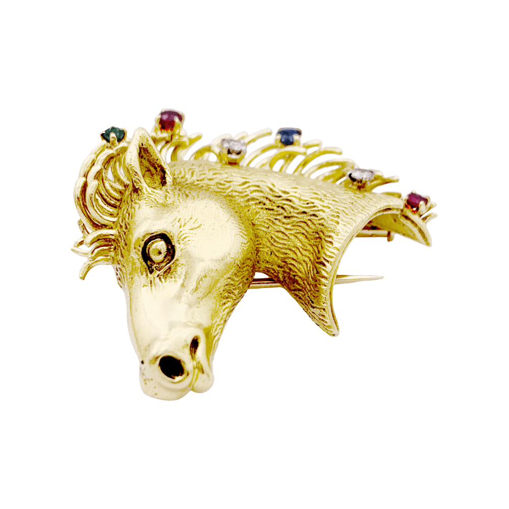 Broche "protomée de cheval", or jaune, diamants, rubis, saphir et émeraude. 2