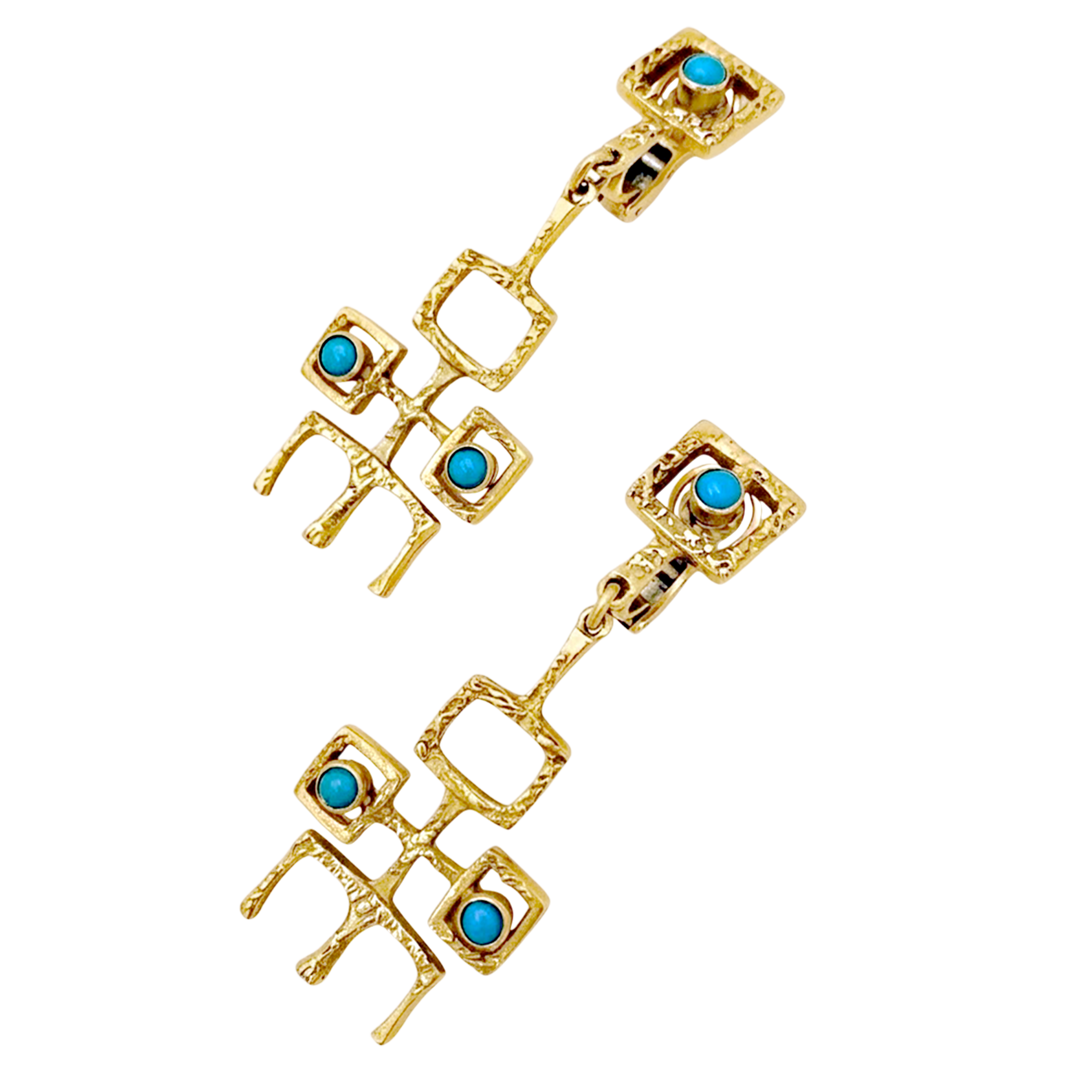 Boucles d'oreilles Vintage or jaune et turquoises cabochon. 2
