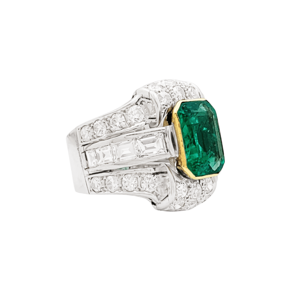 Bague émeraude de Colombie, diamants, platine, or jaune. 2
