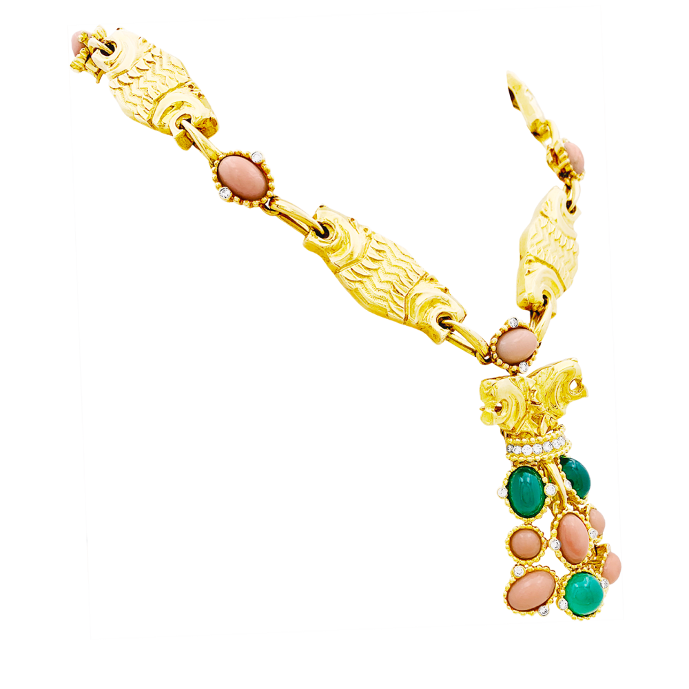 Demi-parure "Lions" transformable, or jaune, diamants, corail, chrysoprase. 4