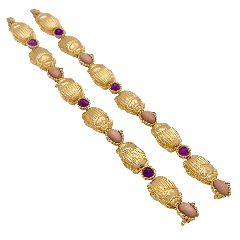 Collier transformable en deux bracelets or jaune, corail, améthyste et diamants. 3